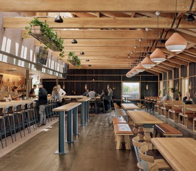 A wide angle view of the dining room and the bar at Loro Addison.