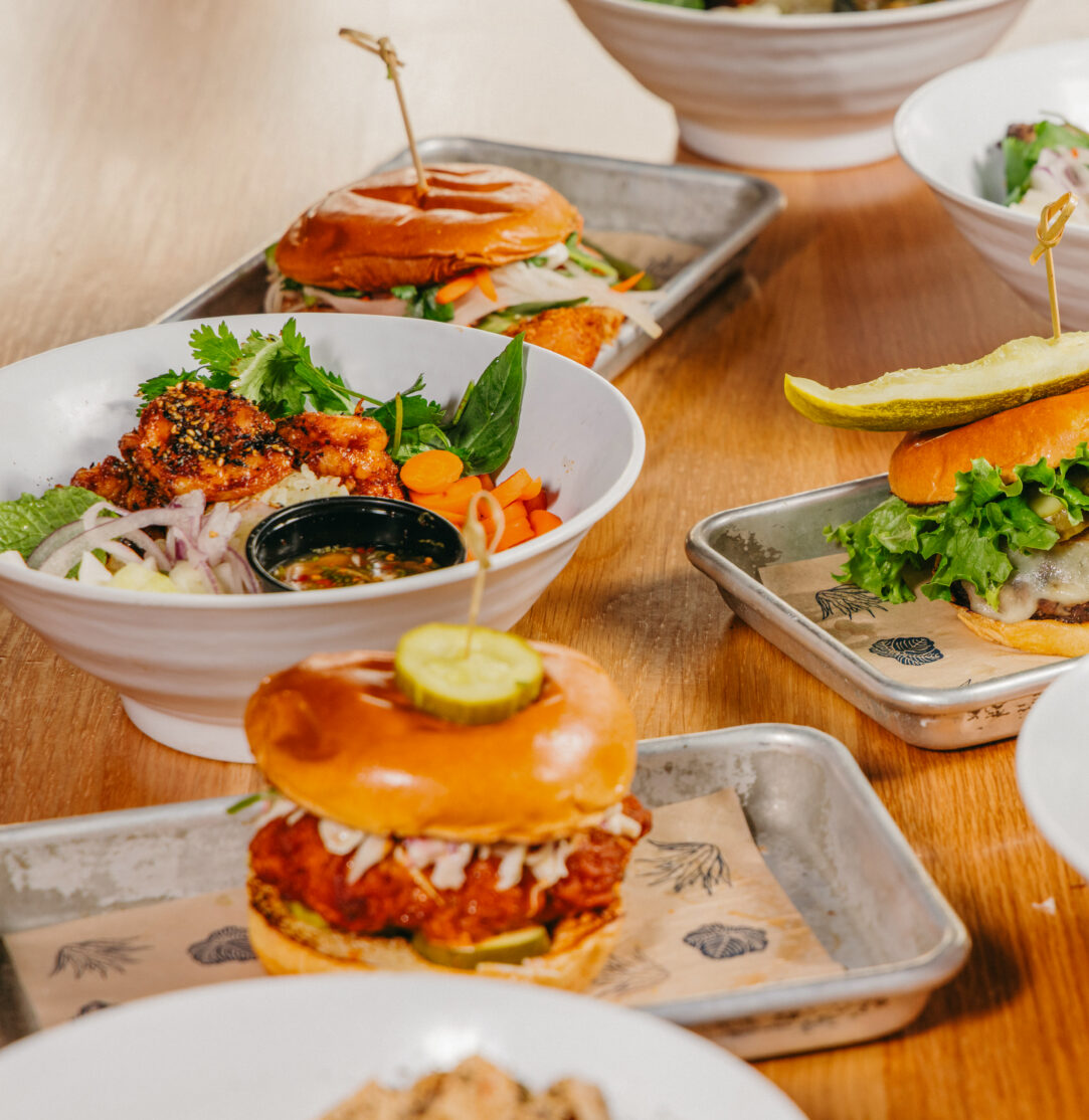 chicken sandwich, burger, and rice bowls for catering